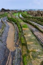 View of Flysch rock formations at low tide at Barrika beach near Bilbao Royalty Free Stock Photo