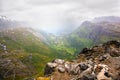 View on foggy Geiranger village from Dalsnibba viewpoint, Norway Royalty Free Stock Photo