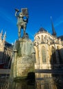 Fonske statue and fountain on central square of Leuven city, Belgium Royalty Free Stock Photo