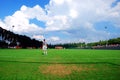 View of football field from goal Royalty Free Stock Photo
