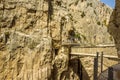 A view of the footbridges on the Caminito del Rey pathway suspended above the Gaitanejo river gorge near Ardales, Spain