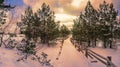 View of footpath covered in snow among pine trees forest near covered in snow sea coast during sunset Royalty Free Stock Photo