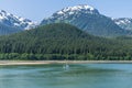 A view of the forested shoreline in the Gastineau Channel on the approach to Juneau, Alaska Royalty Free Stock Photo