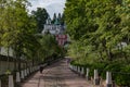 View form thr Bloody Path on Uspenskaya square with Sacristy, belfry, Uspensky Assumption cathedral in the Dormition Pskovo-