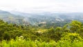 View form the train on the foggy landscape with tea plantation n