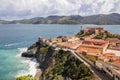 View from Forte Falcone over historical city center of Portoferraio and `le Viste` beach Elba Island, Italy Royalty Free Stock Photo