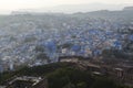 View at the fortifications of Mehrangarh fort and the blue city Jodhpur, Rajasthan, India