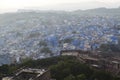 View at the fortifications of Mehrangarh fort and the blue city Jodhpur, Rajasthan, India