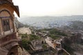 View at the fortifications of Mehrangarh fort and the blue city Jodhpur, Rajasthan, India