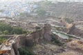 View at the fortifications of Mehrangarh fort and the blue city Jodhpur, Rajasthan, India