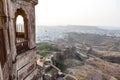 View at the fortifications of Mehrangarh fort and the blue city Jodhpur, Rajasthan, India