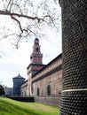View of fortified wall of Sforza Castle in spring Royalty Free Stock Photo
