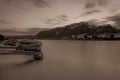 View on the fortress Ehrenbreitstein, the rhine in Koblenz with boats in morning