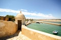 View from fortress Forte da Ponta da Bandeira in Lagos to waterfront with marina and old town, Algarve