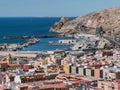 View from the fortress of Moorish houses and buildings along the port of Almeria, Andalusia, Spain