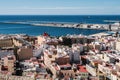 View from the fortress of Moorish houses and buildings along the port of Almeria, Spain