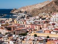 View from the fortress of Moorish houses and buildings along the port of Almeria, Spain