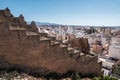 View from the fortress of Moorish houses and buildings along the port of Almeria, Spain