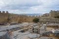 View of the fortress wall, west wing of the Hellenistic stoa and Knights Headquarters on the Acropolis of Lindos.