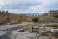 View of the fortress wall, west wing of the Hellenistic stoa and Knights Headquarters on the Acropolis of Lindos.