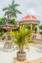 View of a fountain and a gazebo at Parque Central in Granada, Nicarag