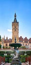 View of the fountain with the Schwerin castle in the background. Vertical panorama. Mecklenburg-Vorpommern, Germany