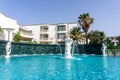 View of the fountain and swimming pool at the 5-star Samara Hotel, near Bodrum. Royalty Free Stock Photo