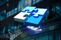 Four puzzle pieces making a logo on a futuristic interface - 3d Royalty Free Stock Photo