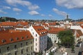 View of Franciscan Square, Michael Gate right and Bratislava cityscape, Bratislava, Slovakia. Travel destination