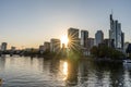 View on frankfurt skyline at sunset from eiserner steg bridge, frankfurt, hesse, germany