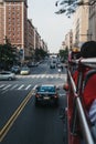 View of Frederick Douglass Boulevard, Harlem, New York, USA, from tour bus.