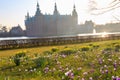 View of Frederiksborg castle in Hillerod, Denmark. Beautiful lake and garden with crocuses and daffodils on foreground Royalty Free Stock Photo