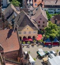 View from Freiburg Minster tower Cathedral of Our Lady to the Market place next to the minster. Baden Wuerttemberg, Germany, Royalty Free Stock Photo