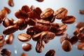 View of fresh fragrant coffee beans levitating in the air Royalty Free Stock Photo