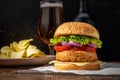 View of fresh tasty burger with glass of beer on wooden rustic table. Food background Royalty Free Stock Photo