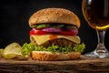 View of fresh tasty burger with glass of beer on wooden rustic table. Food background Royalty Free Stock Photo