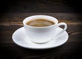 view of a freshly brewed mug of espresso coffee on rustic wooden background with woodgrain texture. Coffee break style, concept. Royalty Free Stock Photo