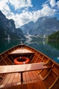 A view frome the inside of the little boat in Braies Lake, Dolomites, Italy Royalty Free Stock Photo