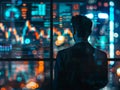 view front behind of a hacker looking at trading graph - ai.