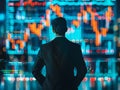 view front behind of a hacker looking at trading graph - ai.