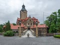 View of the front of Czocha Castle on the cloudy evening