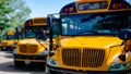 View of the front end of yellow school busses parked in a row with windshields, grills and headlights visible with shallow range Royalty Free Stock Photo