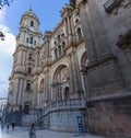 View at the front facade at the Malaga Cathedral or Santa Iglesia Catedral BasÃÂ­lica de la EncarnaciÃÂ³n, and Obispo square with