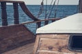 View from the front of the old wooden ship. The bow of a vintage ship. Royalty Free Stock Photo