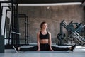 View from the front of she. Photo of gorgeous blonde woman in the gym at her weekend time