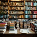 view Front view of study desk pile of books, educational ambiance