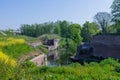 View of the Frontenpark in Maastricht with the steel deck walkways alongside the river to pass the medieval fortifications Royalty Free Stock Photo