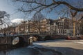 View of the frozen canals in the old center of Amsterdam