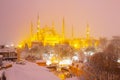 View of the Blue Mosque in the snowy winter. Istanbul, Turkey Royalty Free Stock Photo