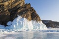 View of the frozen lake Baikal and the rocks covered with ice. Eastern Siberia Royalty Free Stock Photo